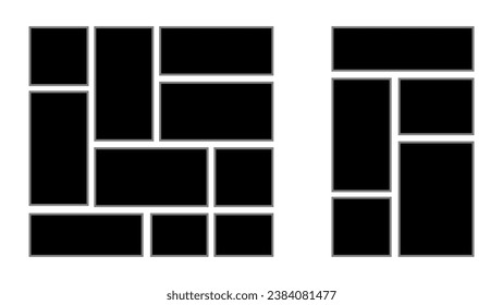 Two collages with empty frames for photo. Set of templates for websites and interiors. Style background or wallpaper. Vector illustration.