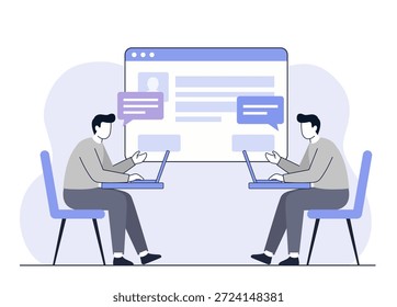 Dos colegas trabajan en la computadora portátil con la ilustración del fondo de la burbuja del chat