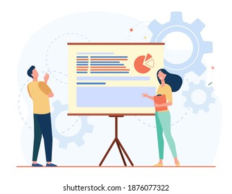 Two colleagues analyzing work together. Chart, presentation, gear flat vector illustration. Analytics and statistics concept for banner, website design or landing web page