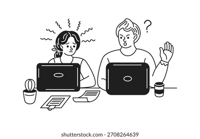 Dos colegas que parecen confundidos mientras usan computadoras portátiles en un estilo minimalista. Ilustración en blanco y negro que muestra expresiones de frustración y curiosidad. Configuración de Office.