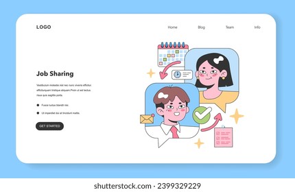 Two colleagues collaborate in job sharing, dividing tasks and managing time efficiently. Teamwork approach to flexible working. Flat vector illustration