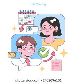 Two colleagues collaborate in job sharing, dividing tasks and managing time efficiently. Teamwork approach to flexible working. Flat vector illustration