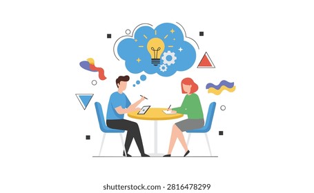 Two colleagues collaborate at a table with tablets and notes to generate ideas inside a blue cloud.