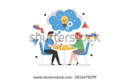 Two colleagues collaborate at a table with tablets and notes to generate ideas inside a blue cloud.