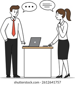 Two colleagues converse at a desk, with one gesturing while the other thoughtfully considers their words, creating a collaborative and professional atmosphere.