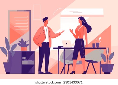 Two colleagues deep in conversation flat style illustration