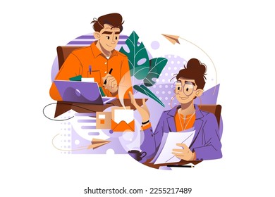 Two colleagues deep in conversation, possibly discussing a project or brainstorming ideas. vector illustration. teamwork concept.