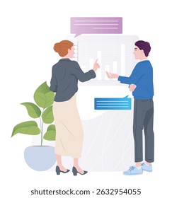 Two colleagues discussing data in front of a bar chart screen, modern flat graphic style, white background, concept of teamwork and business analysis. Vector illustration