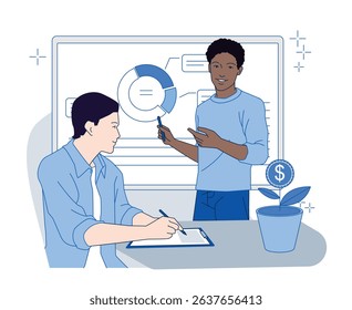 Two colleagues discussing data in front of a chart screen, with a potted plant symbolizing financial growth, in a flat graphic style on white background. Concept of teamwork. Vector illustration