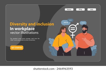 Two colleagues discussing equality. Man and woman with gender equality icon. Workplace collaboration, mutual respect. Flat vector illustration