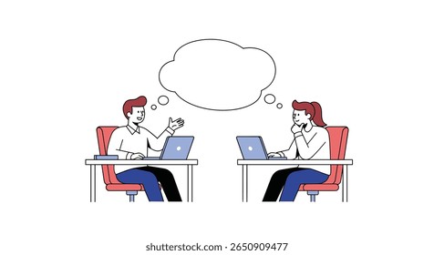 Dois colegas discutindo ideias trabalhando juntos em suas mesas com notebooks