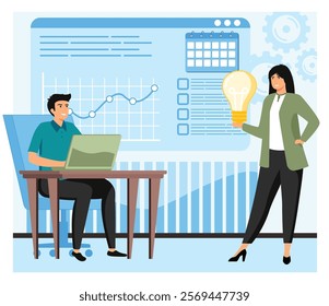 Two colleagues discussing innovative ideas and analyzing data graphs in a business environment. Creative teamwork in the office. Flat vector modern illustration 