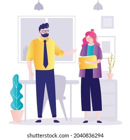 Two colleagues discussing job in office. Secretary approached boss about documents. Office workers communicate in cabinet. Employees meeting during coffee break. Work relationship. Vector illustration