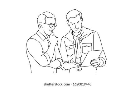 Two colleagues discussing. Line drawing of vector illustration.