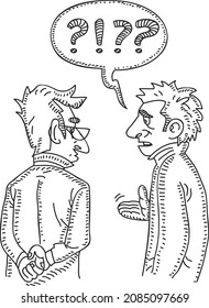 Two colleagues discussing project - sketchy hand-drawn vector illustration. 