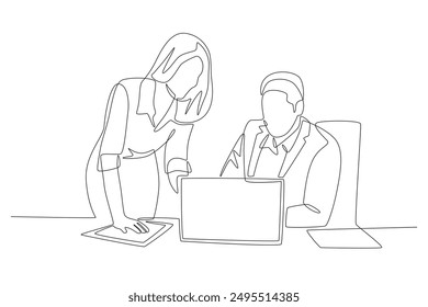 Two colleagues are discussing a work briefing. Business briefing concept one-line drawing