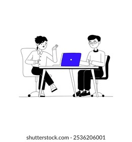 Dos Colegas Discutiendo El Trabajo En La Mesa De La Oficina Con Una Computadora Portátil En Ilustración vectorial Plana Que Simboliza La Colaboración De La Oficina Y El Trabajo En Equipo, Aislado Sobre Fondo Blanco.