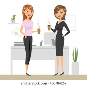 Two colleagues drinking coffee and talking in the office. Two smiling women are drinking coffee in the workplace. Vector illustration.