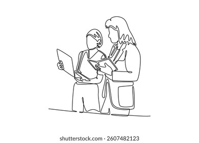 Two colleagues engage in a creative discussion. Community focused concept. Single line draw design. Vector graphic illustration