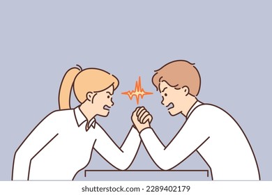 Two colleagues are engaged in arm wrestling competing for good position or promising project for company. Concept of tense negotiations and conflict between employees of corporation