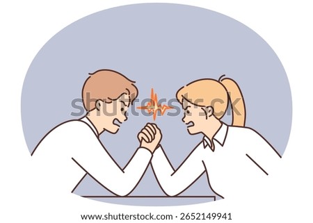 Two colleagues are engaged in arm wrestling competing for good position or promising project for company. Concept of tense negotiations and conflict between employees of corporation