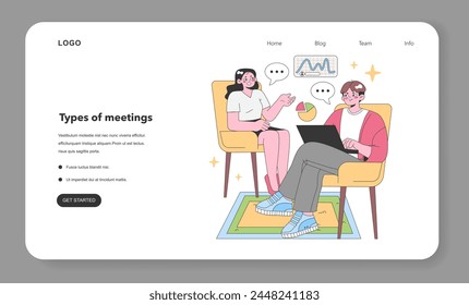 Zwei Kollegen führen eine datengetriebene Diskussion an einem gemütlichen Arbeitsplatz mit visuellen Grafiken, die in Dialogblasen schweben und Teamarbeit und Analyse betonen. flache Vektorillustration
