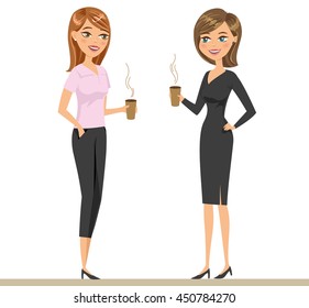Two colleagues or friends drinking coffee and talking. Two smiling women are drinking. Vector illustration isolated on white.