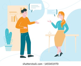 Two colleagues informal conversation at office on coffee break. Team members talking about project tasks and goals. Male and female friends chatting at library. Girl and boy discussing new show.