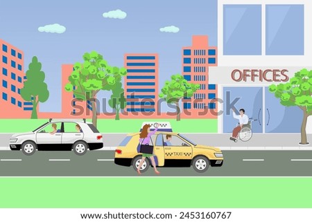 Two colleagues meet before work at the entrance to the office. The girl arrived by taxi and greeted a colleague in a wheelchair, who waved back. There are trees around, a city landscape.