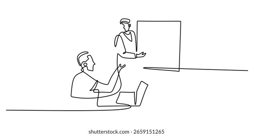 Dos colegas en una reunión, estilo de dibujo continuo de una línea. Símbolo de colaboración, mentoría, presentación y estrategia empresarial. Ilustración vectorial minimalista dibujada a mano con trazo editable.