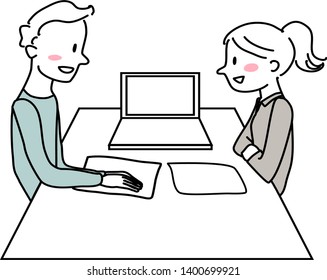 Two colleagues meeting, discussing about work. Man and woman sitting at table, working together. Side view of couple sitting at table with laptop, working together. Hand-drawn vector.