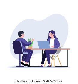 Two colleagues are meeting and discussing work, one using a laptop on desk This illustration is perfect for teamwork and business concepts.