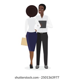 Two colleagues in professional attire engaged in a work-related discussion. Concept of office communication, collaboration, and teamwork vector illustration.