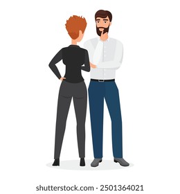 Two colleagues in professional attire engaged in a work-related discussion. Concept of office communication, collaboration, and teamwork vector illustration.