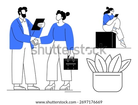 Two colleagues shaking hands and reviewing documents, another employee working on a tablet. Plant in pot. Ideal for teamwork, remote work, collaboration, professional growth, corporate environment