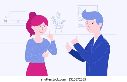 Two colleagues are speaking sign language on there workplace. Hearing impairment concept vector illustration for web and printing.