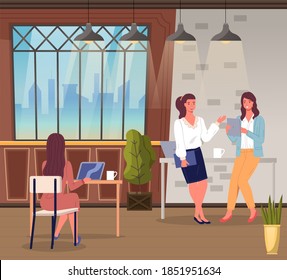 Dos colegas hablando en la oficina. Mujeres jóvenes sonrientes en el lugar de trabajo. Ilustración vectorial personajes femeninos empresaria tomando café comunicándose de pie en la fase moderna de trabajo de oficina