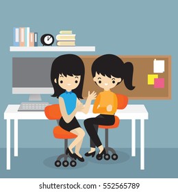 Two colleagues talking in the office. Two smiling women in the workplace. Vector illustration.