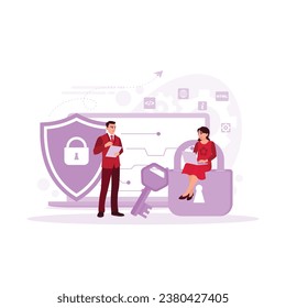 Two colleagues work together to protect a client's confidential information and cyber security. Shield, key and padlock icon background. Cyber ​​Security concept. Trend Modern vector flat illustration