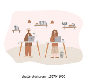 Two colleagues working at the laptop together. Employees coworking concept. Vector flat cartoon color illustration.