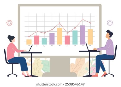 Two colleagues working with laptops, reviewing colorful data trends on a large screen in an office setting.