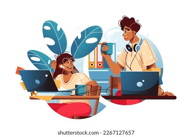 Dos colegas trabajando juntos con laptops, sonriendo, y rodeados de documentos de oficina y plantas, ilustración vectorial.