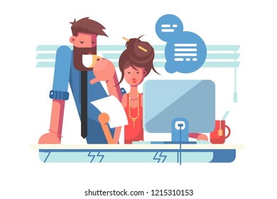 Two colleagues working together in modern office. Business couple man woman communication concept. Flat. Vector illustration.