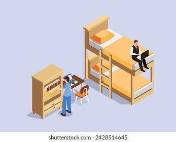 Two college students in a dormitory room. Student wearing business suit on bunk bed using laptop computer. 3d isometric vector illustration