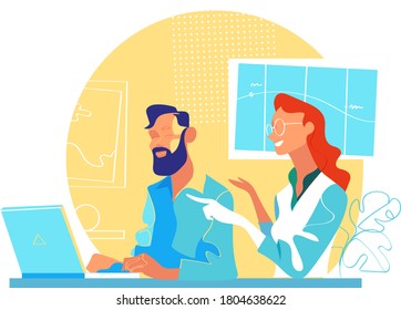 Two collegues working together on a project, one giving advice, helping the other