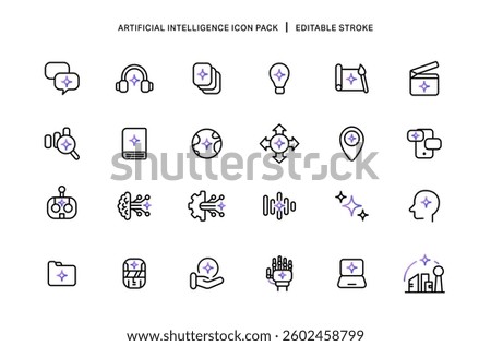 Two Color Artificial Intelligence Outline Stroke Icon Set Tech Media Smartphone App as Creativity Generate Machine Learning Assistant Data Analyzing AI Generate Innovation and Digital Futuristic World
