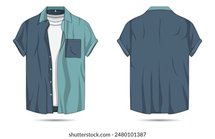 Two color casual button down collar shirt template, front and back view