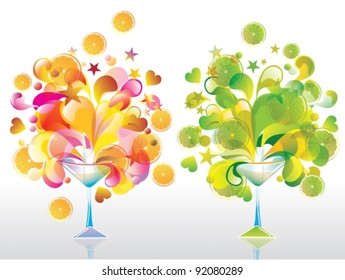 Two Color cocktail with great splash, orange and lime, vector
