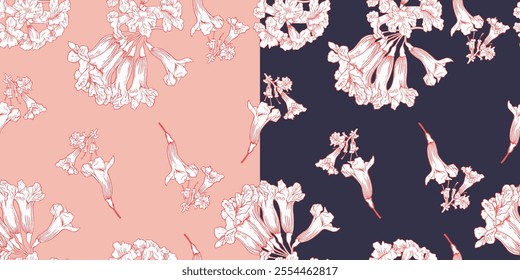 Two color combination of Hand drawn lily flowers, seamless pattern, cute abstract floral, illustration, background, repeat, print for textile, clothing, fashion, wallpaper, packaging