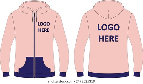 Two Color contrast ribbed zipper hoodies with custom logo at front and back mockup